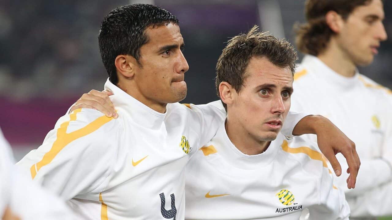 Tim Cahill (L), Luke Wilkshire