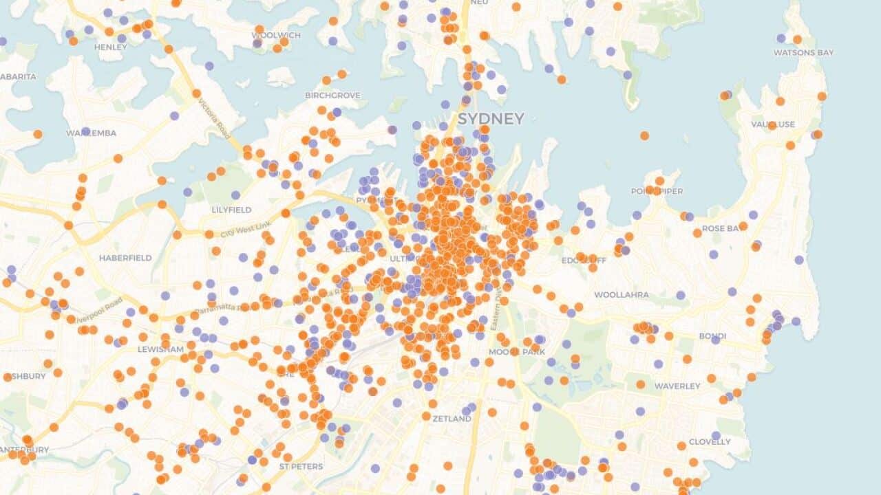 The Free to Be Sydney Map. Orange marks indicate bad spots and purple indicate good.