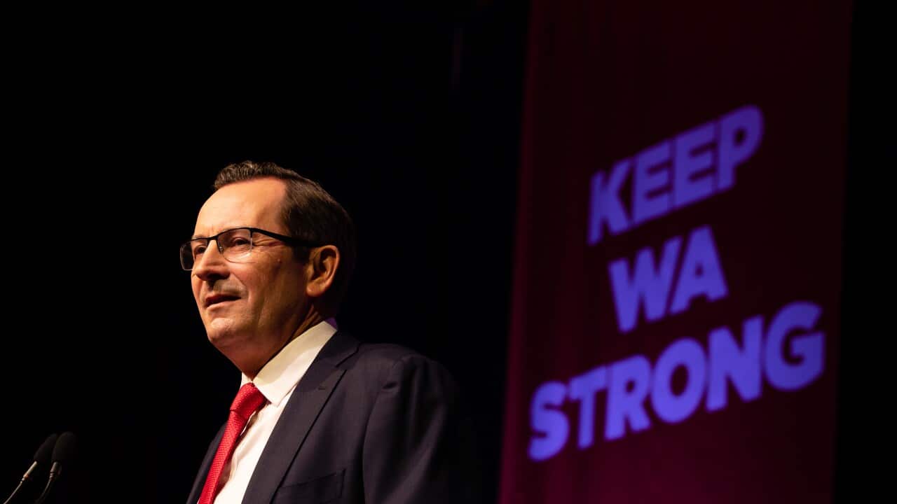 Western Australian Premier Mark McGowan speaks during the launch of the Labour Party campaign at RAC Arena in Perth, Sunday, February 21, 2021. Western Australia is holding a state election on March 13. (AAP Image/Richard Wainwright) NO ARCHIVING