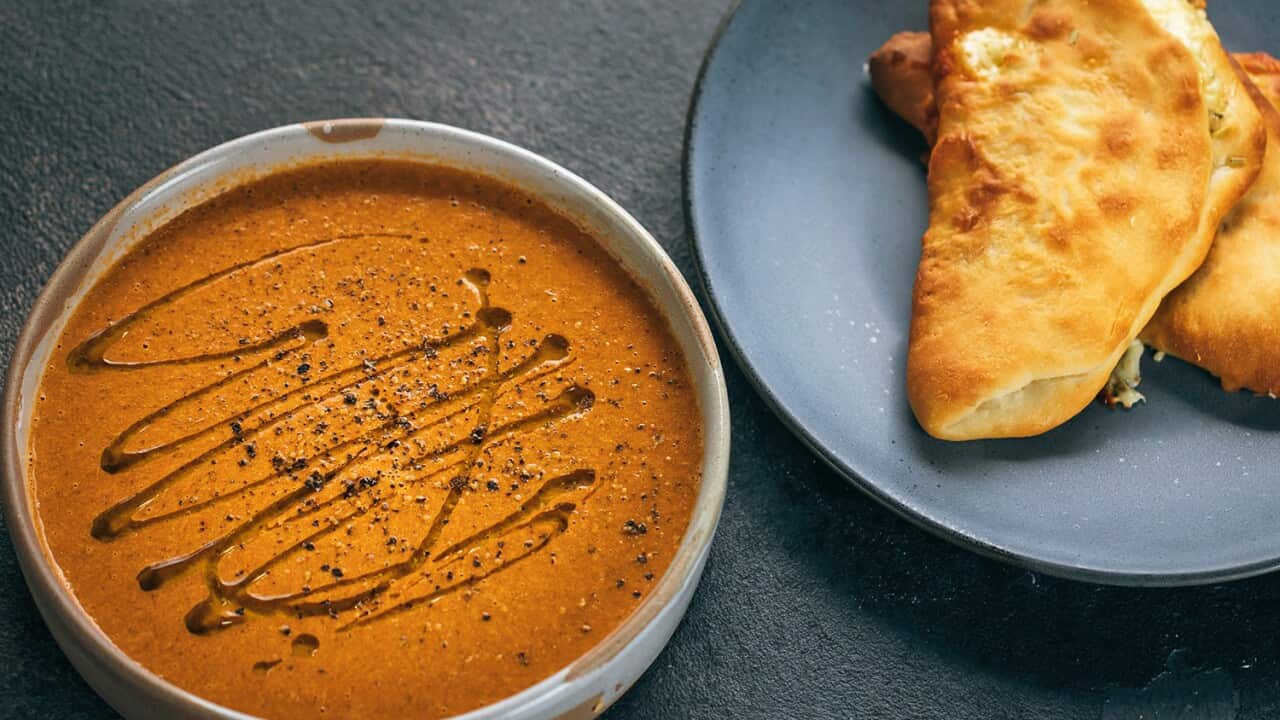 Roast rosemary tomato soup with rosemary cheese flatbreads