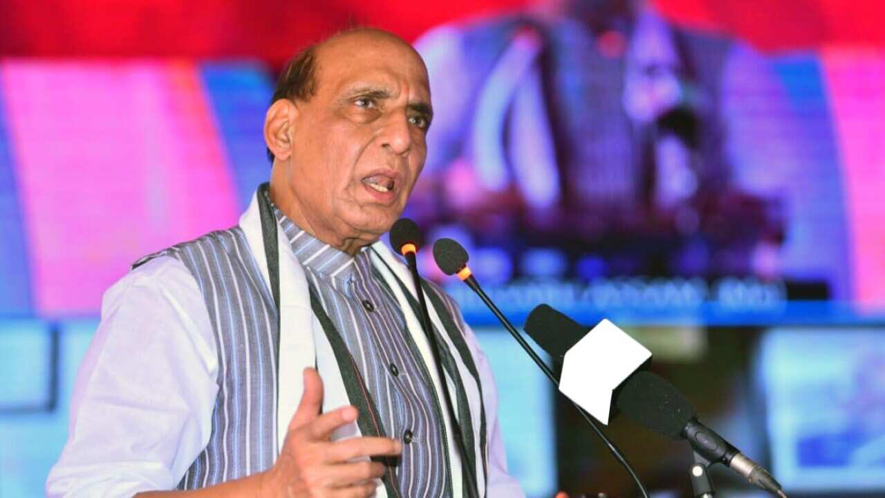 Union Defense Minister Rajnath Singh addresses during the inauguration of 20km long Kimin-Potin road