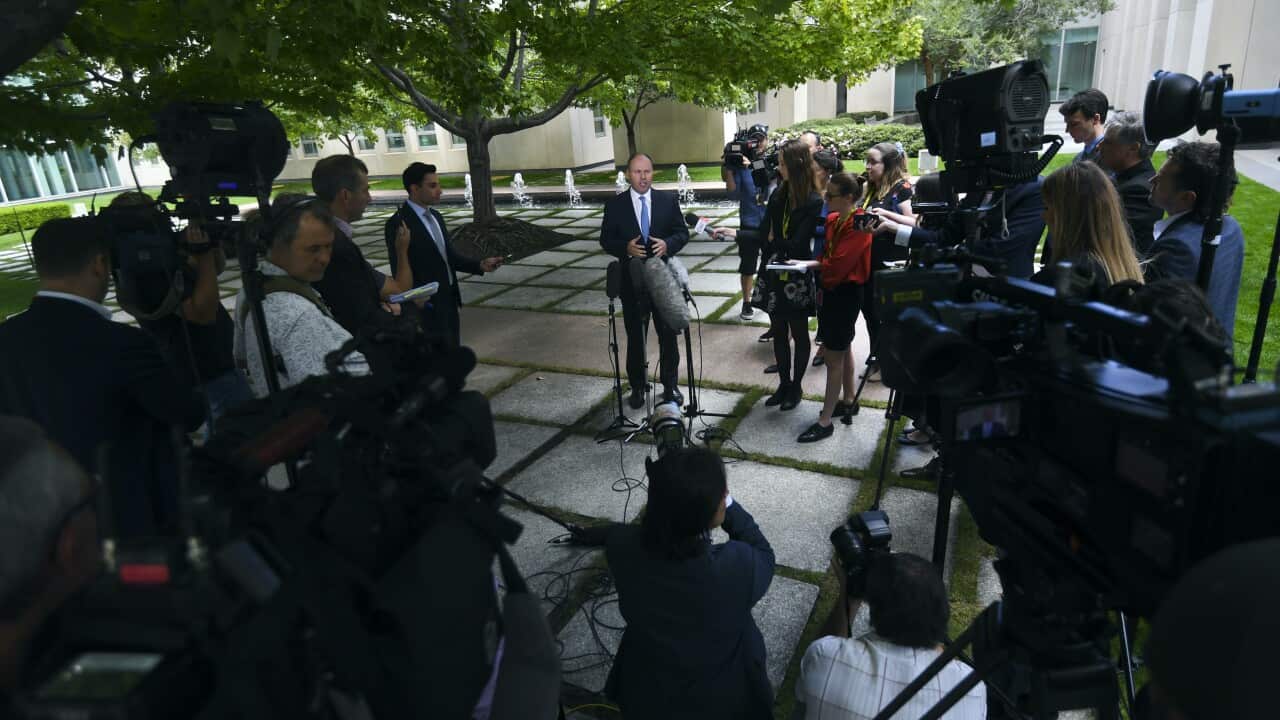 Australian Treasurer Josh Frydenberg speaks to the media during a press conference at Parliament House in Canberra on 17 February, 2021.