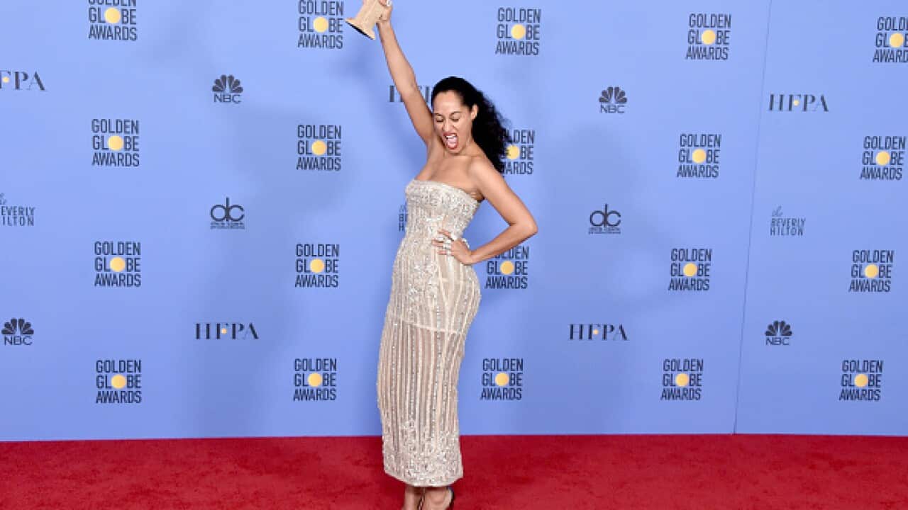 Actress Tracee Ellis Ross, winner of the Best Performance by an Actress in a Television Series (Musical or Comedy) award for 'Blacklish' poses in the press room during the 74th Annual Golden Globe Awards