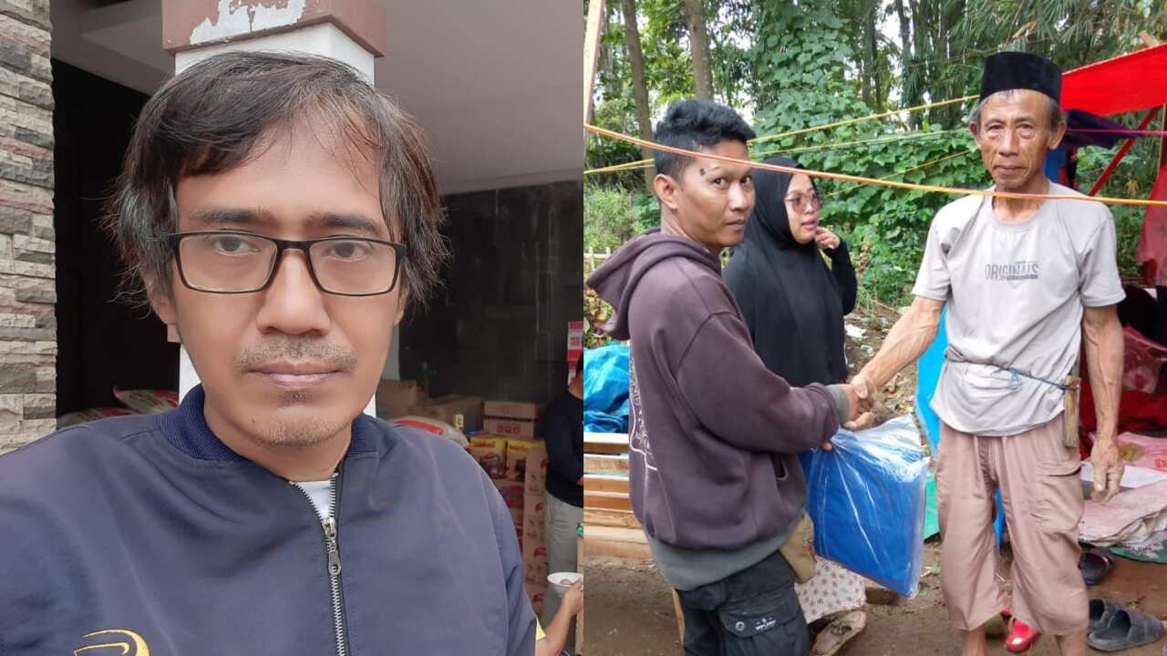 Deden (left) at one of Cianjur Earthquake Command Posts. While Adi (centre) delivering tents to people who slept in the shrubs, away from their houses. (Supplied).