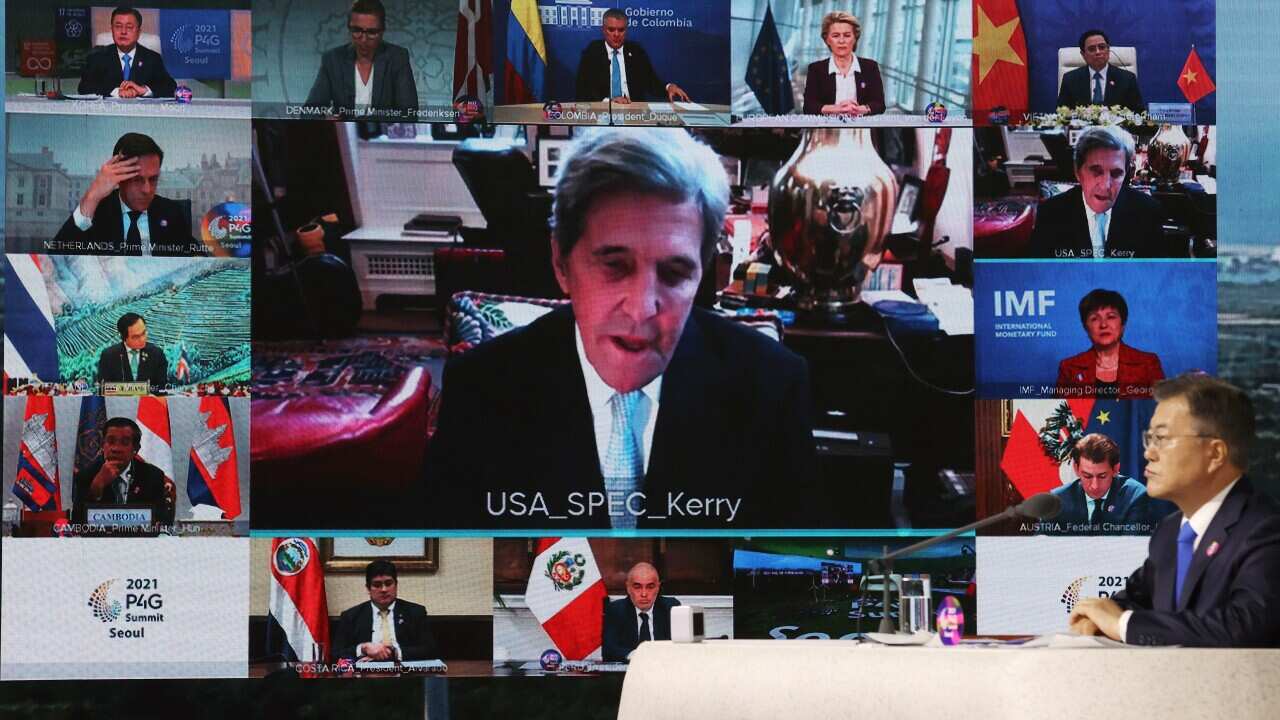 John Kerry, US special presidential envoy for climate, speaks during the virtual Leaders' Dialogue session of the P4G Seoul Summit.