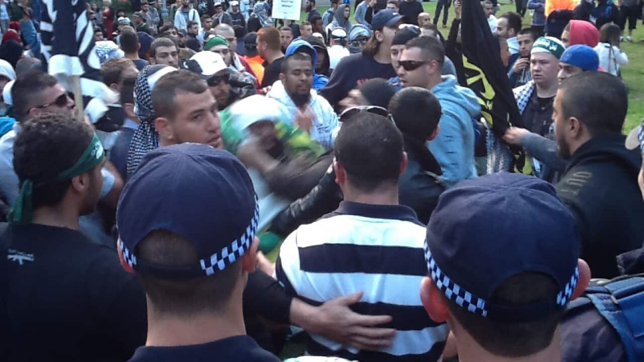 A group of protestors demonstrating against an anti-Islam video in Sydney on Saturday, Sept. 15, 2012.