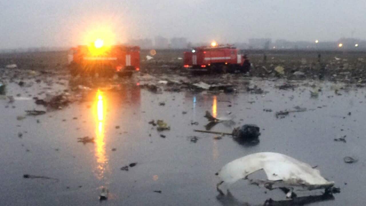 The wreckage of a crashed plane at the Rostov-on-Don airport