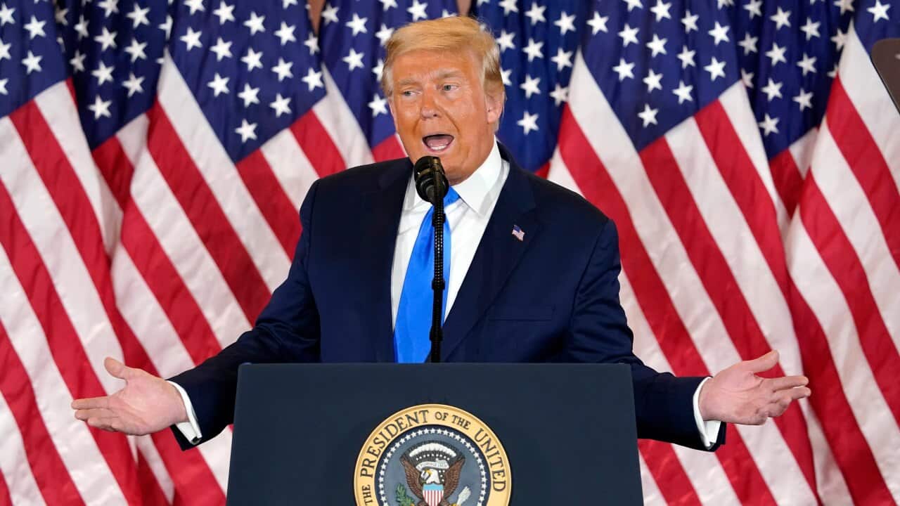 President Donald Trump speaks in the East Room of the White House, early Wednesday, Nov. 4, 2020, in Washington. (AP Photo/Evan Vucci)