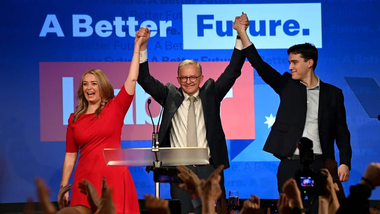 Anthony Albanese celebrates with his partner Jodie Haydon and son Nathan Albanese after after winning the 2022Leader Anthony Albanese celebrates with his partner Jodie Haydon and son Nathan Albanese after after winning the 2022 Federal Election