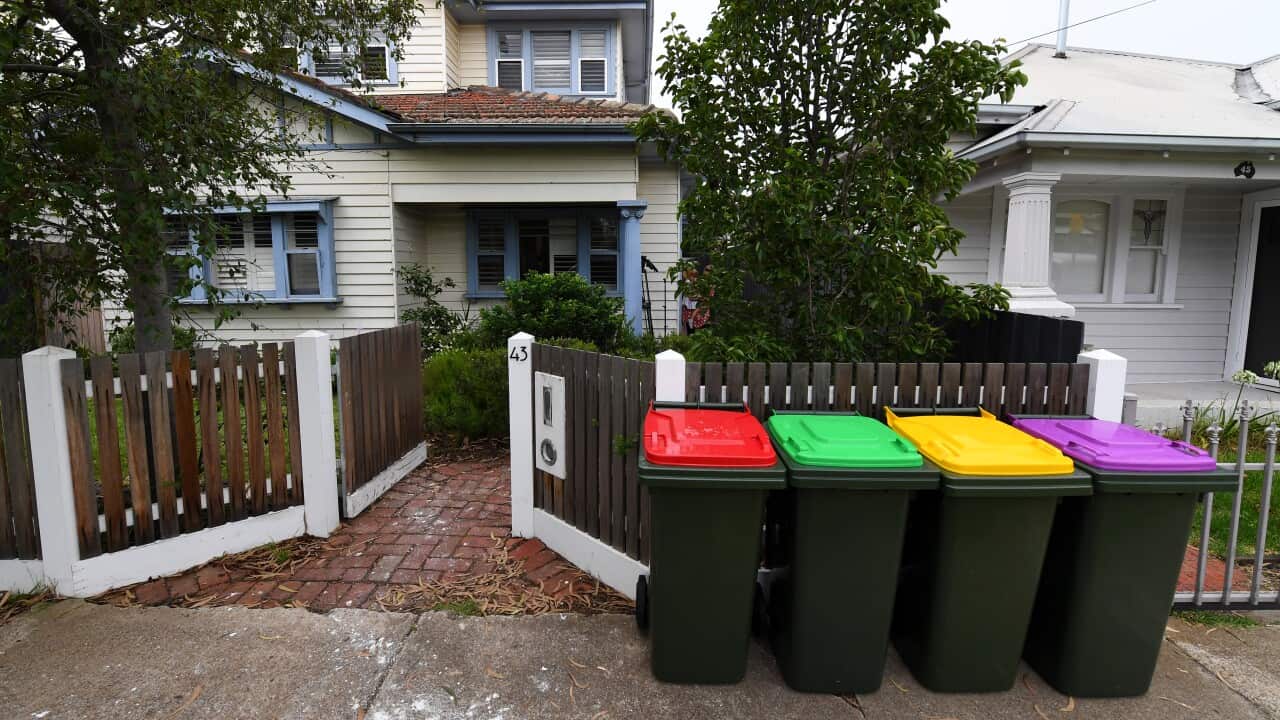 General view of the current and planned waste bins outside a property in Spotswood, Melbourne, Monday, February 24, 2020.