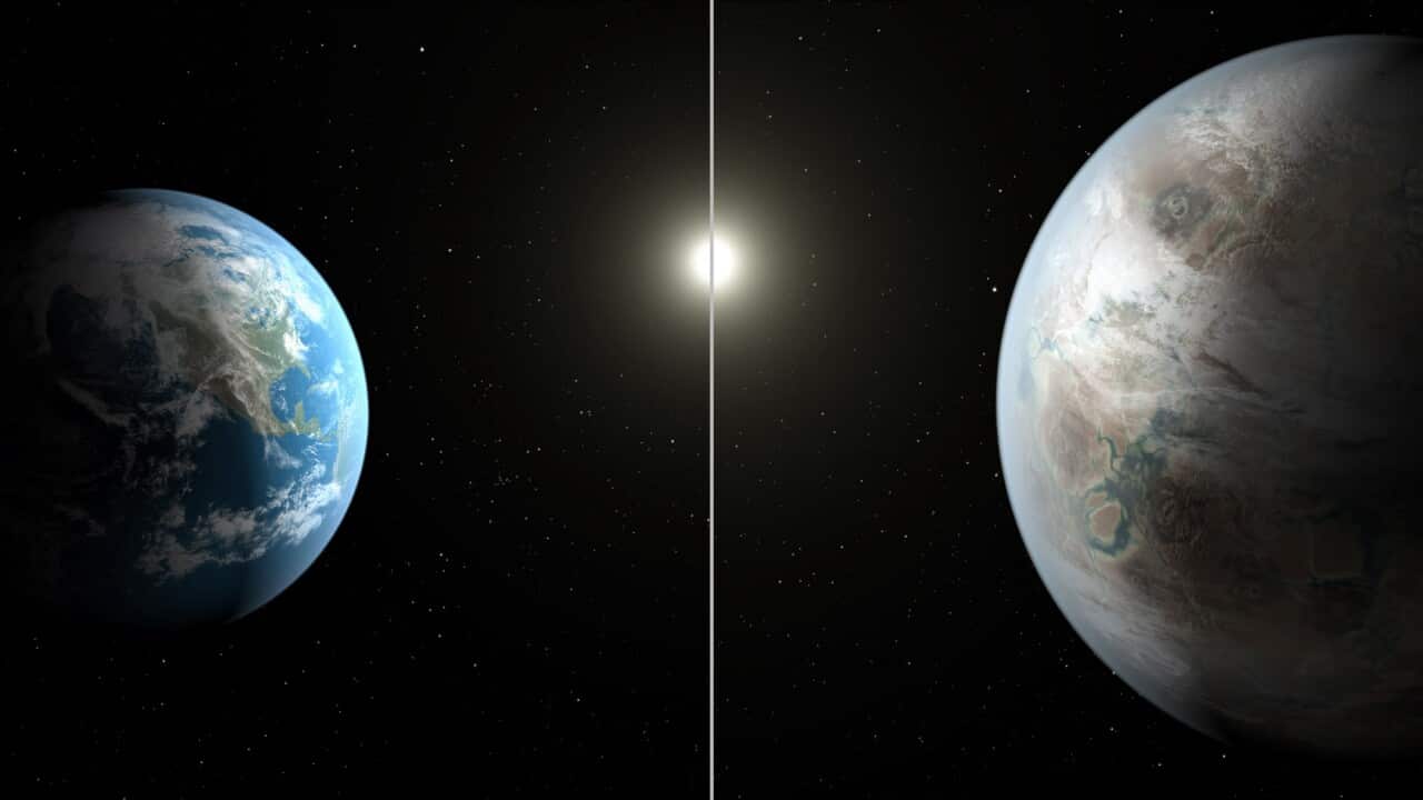 This artist's rendering made available by NASA on Thursday, July 23, 2015 shows a comparison between the Earth, left, and the planet Kepler-452b