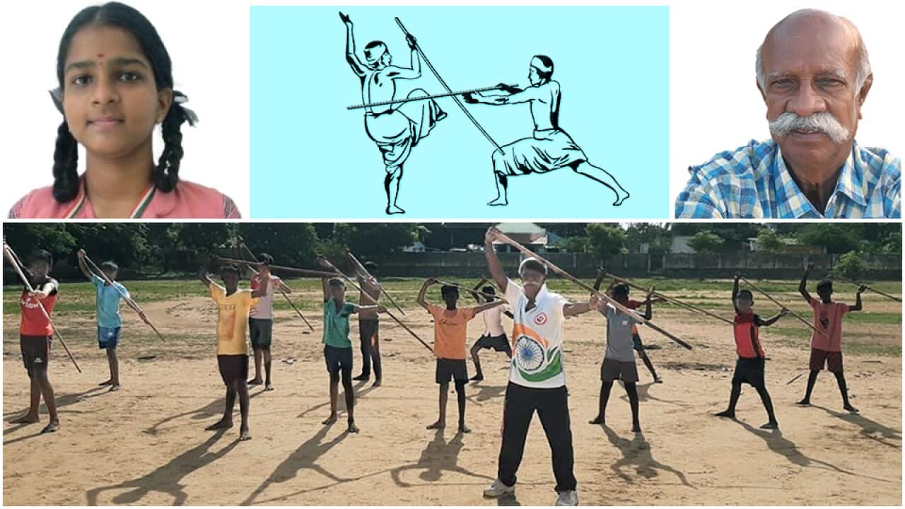 (L:) Muthu Isai Radha, a student; (C:) A line sketch of two Silambam artists in action (R:) Mr ShanmugaSundaram, a Silambam teacher; (Bottom) Class in Session.