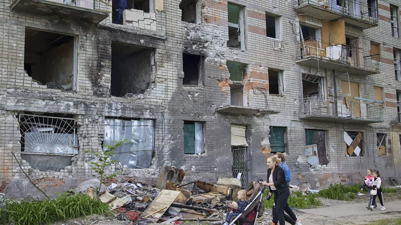 A damaged building on the outskirts of Kharkiv