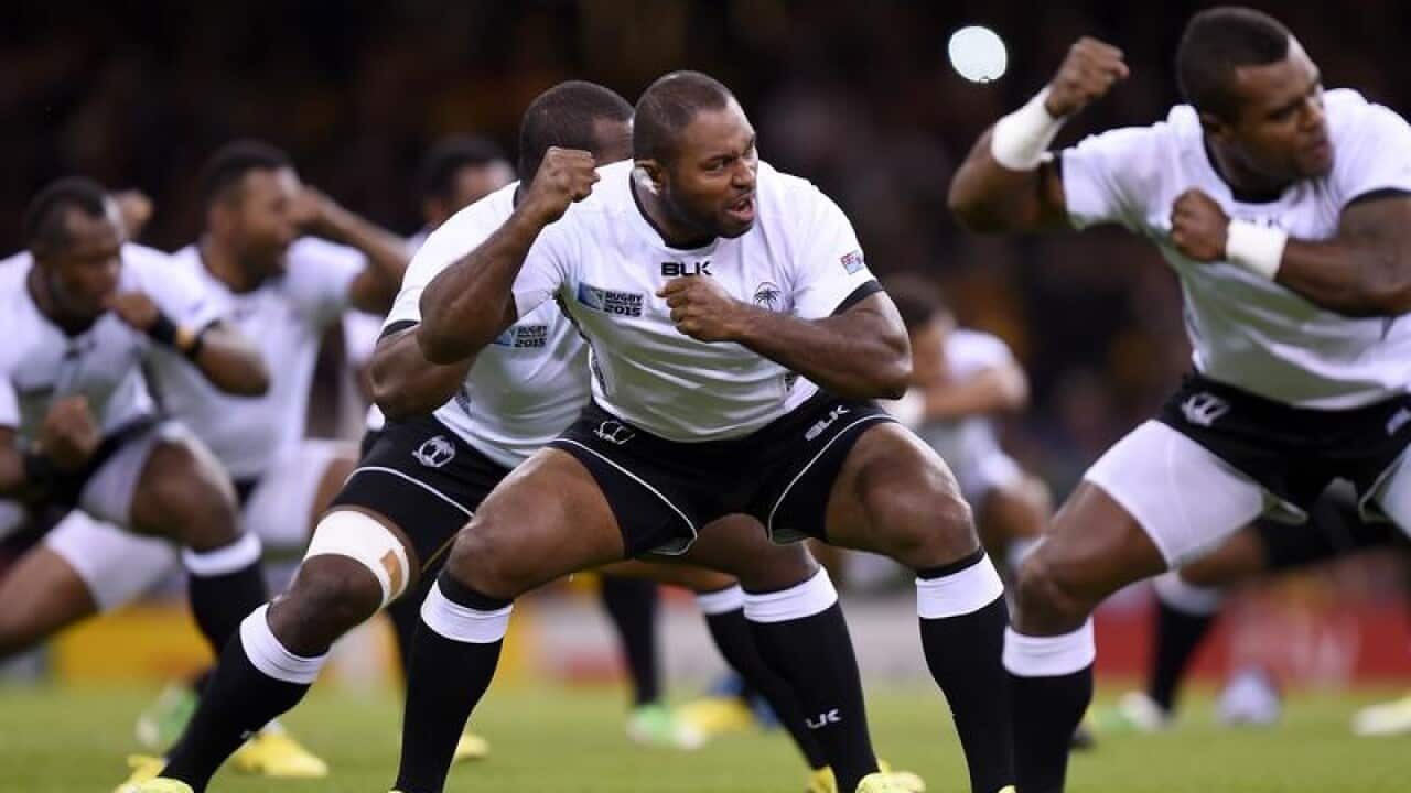Fiji perform the Cibi before the Rugby World Cup