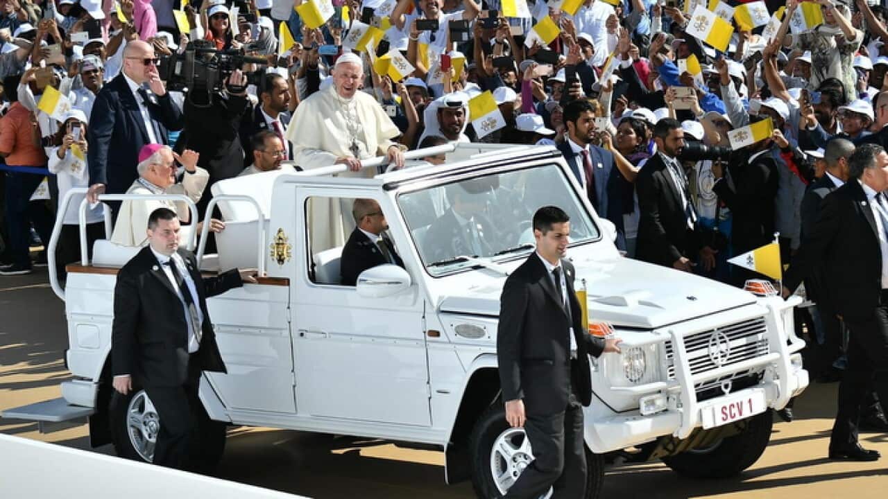 Pope Francis arrives to lead a service in Zayed Sport City Stadium, in Abu Dhabi, UAE