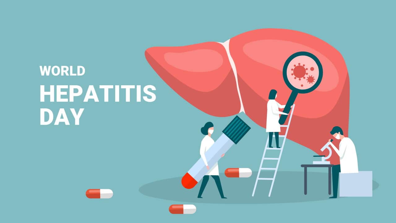 Concept of hepatitis A, B, C, D, cirrhosis, world hepatitis day. Tiny doctors treat the liver. vector illustration.