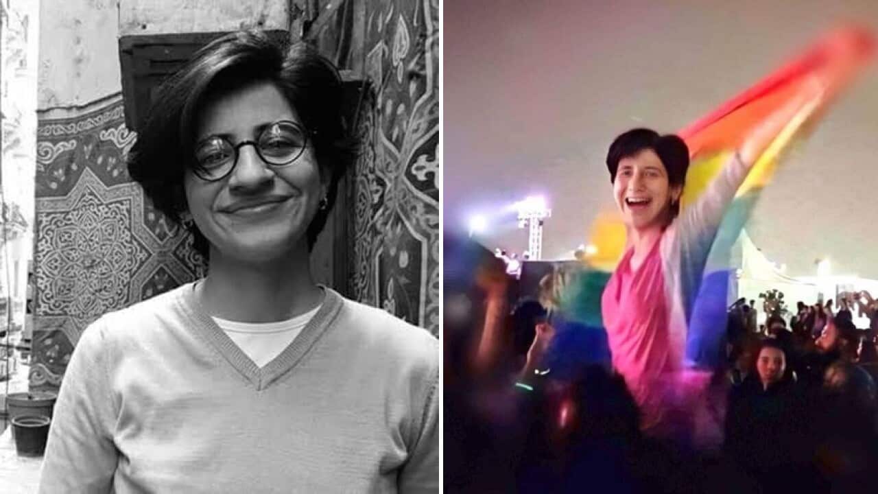 Right, Sarah Hegazy during the now famous music concert and (left) after going out of jail.