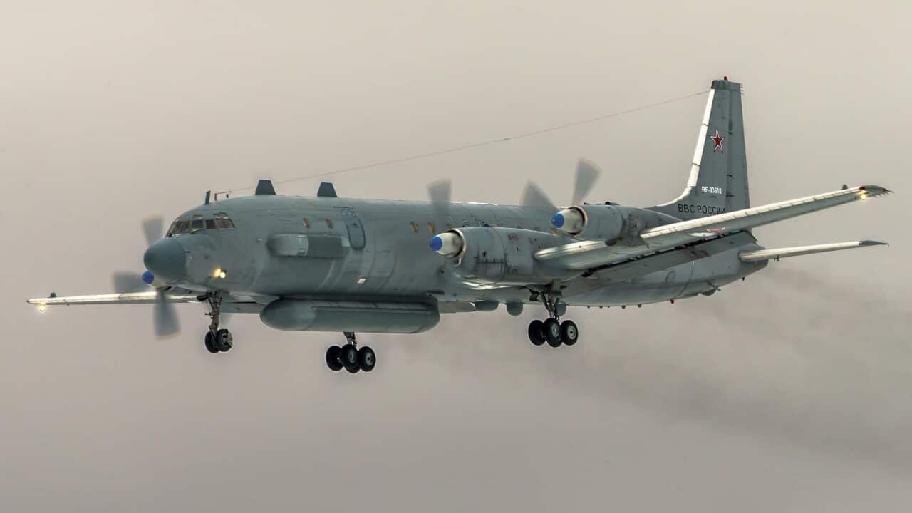 A Russian air force plane, accidentally downed by Syrian forces responding to an Israeli air strike flays near Kubinka airport, outside Moscow, Russia.