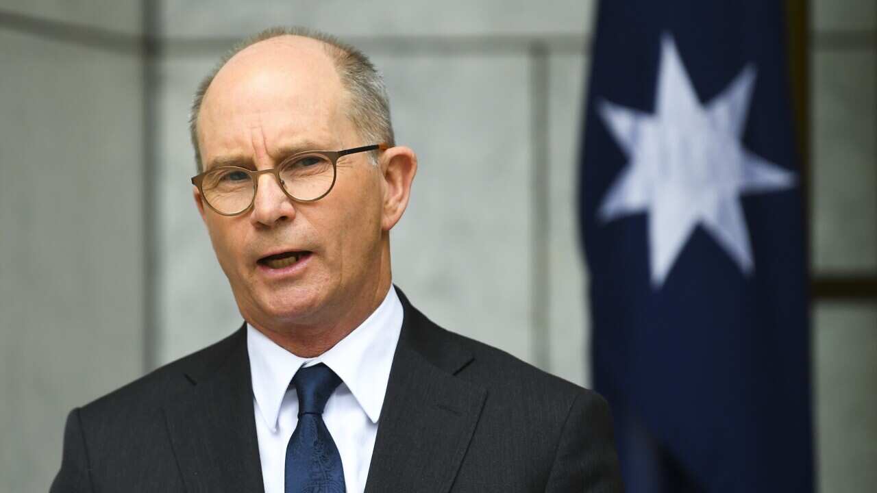 Australian Chief Medical Officer Paul Kelly speaks during a press conference at Parliament House in Canberra in February 2021.