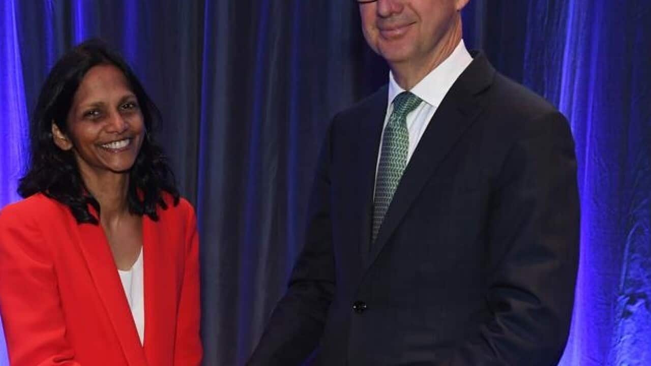 Macquarie CEO Shemara Wikramanayake is welcomed by her predecessor