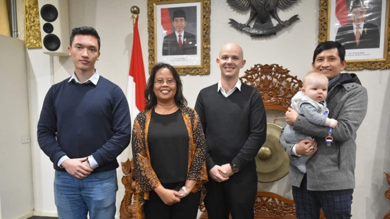 From left Patrick Dupont (student) Elisabeth Riharti (teacher) James Roberts(student) and Agustinus Triyanto (teacher) at the Speech and Storytelling competition held by the Indonesian Consulate General in Melbourne, June 2018.