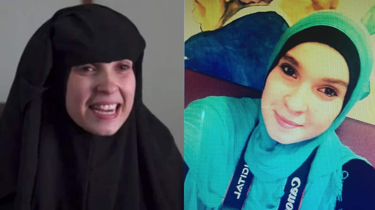 Nisreen Zahab (L) in ISIS camp in Syria, and Nisreen back in Australia (R)