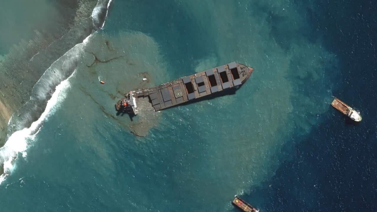 An aerial view of the MV Wakashio, the bulk carrier ship that recently ran aground off the southeast coast of Mauritius.
