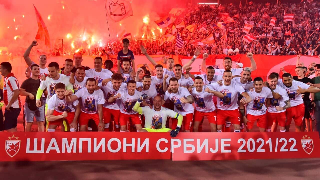 Red Star Belgrade players celebrate winning 33rd Serbian champions title in the Club's history. Football, Serbia, Crvena zvezda, 22 May 2022