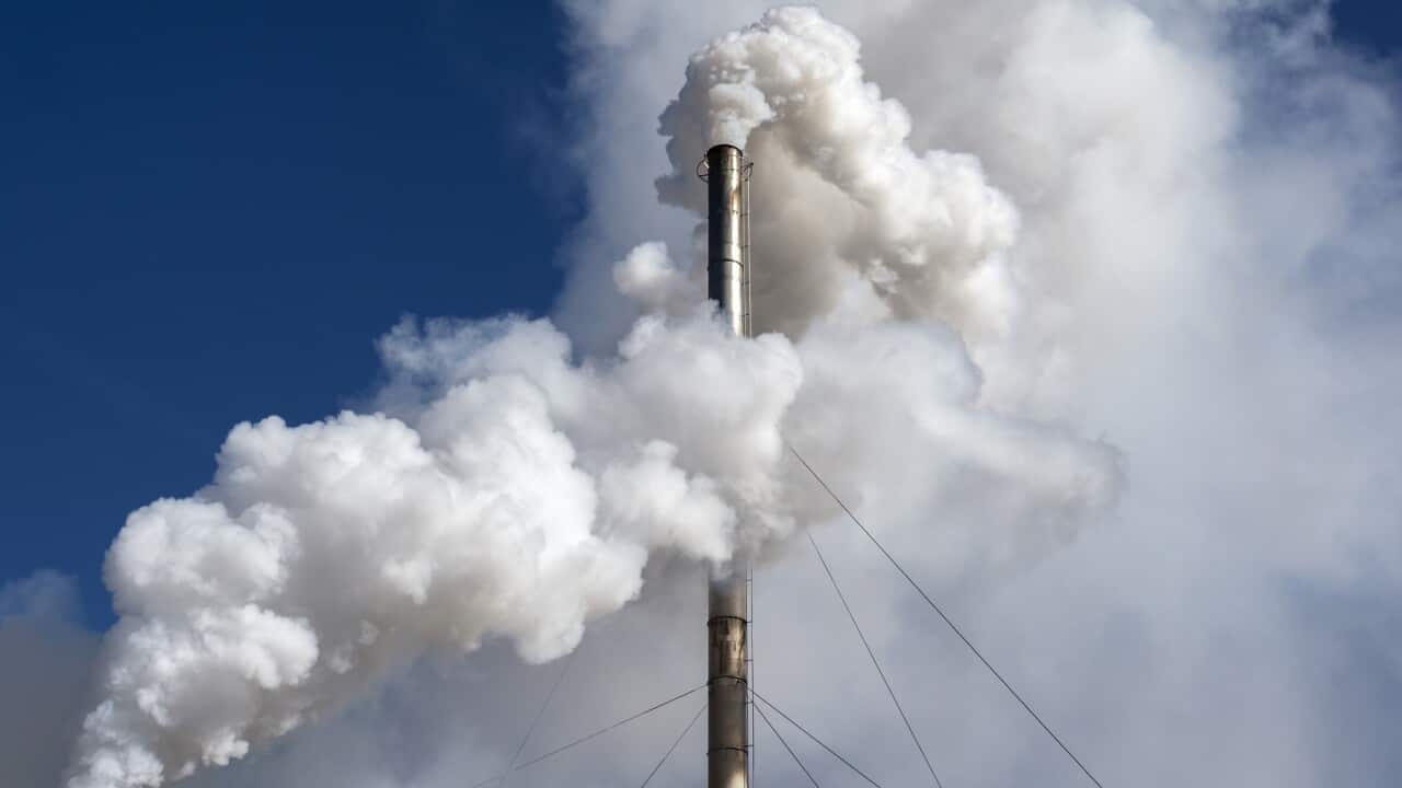 Industrial factory chimney emitting smoke and gas pollution into the atmosphere