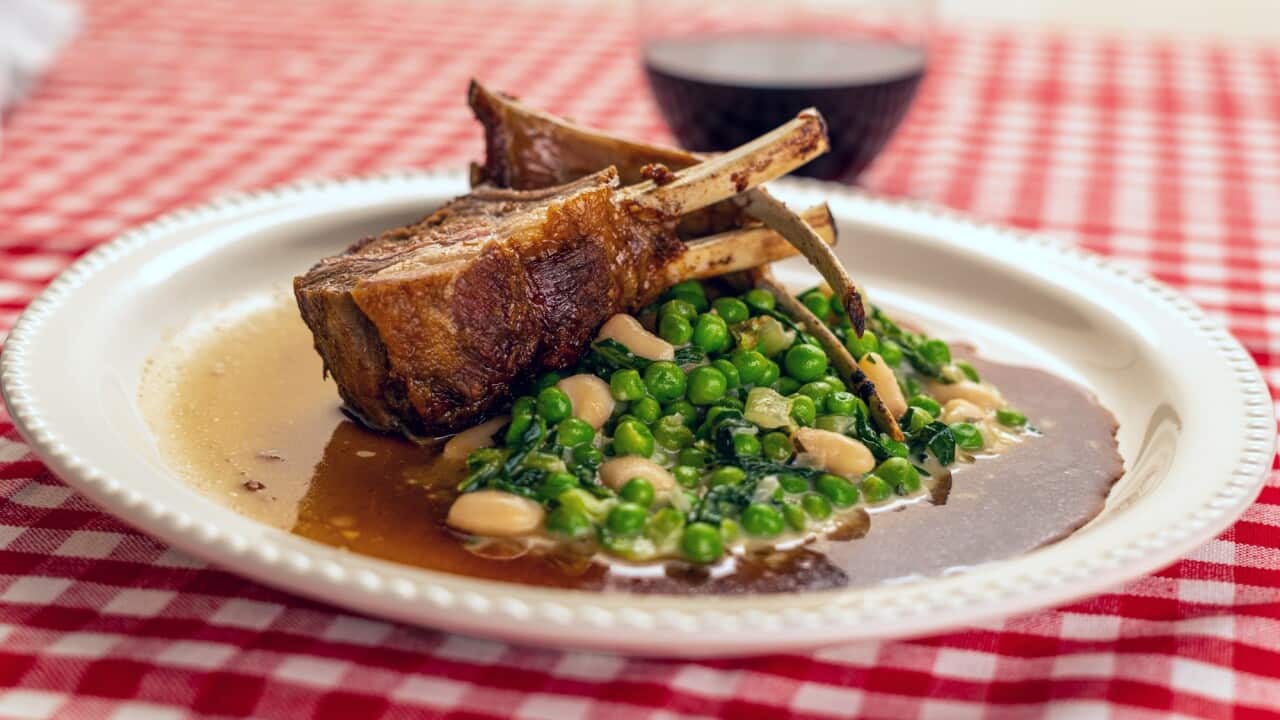 Rack of lamb with petit pois a la Francaise