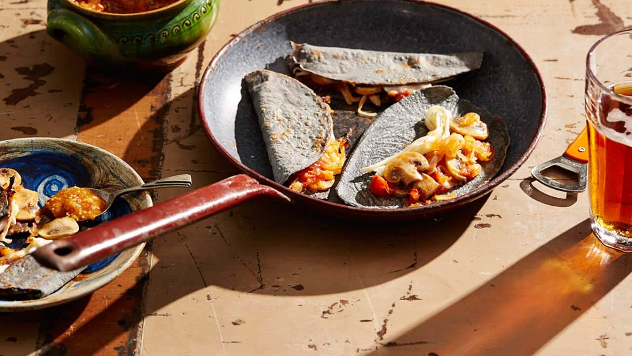 Blue corn quesadillas with mushrooms