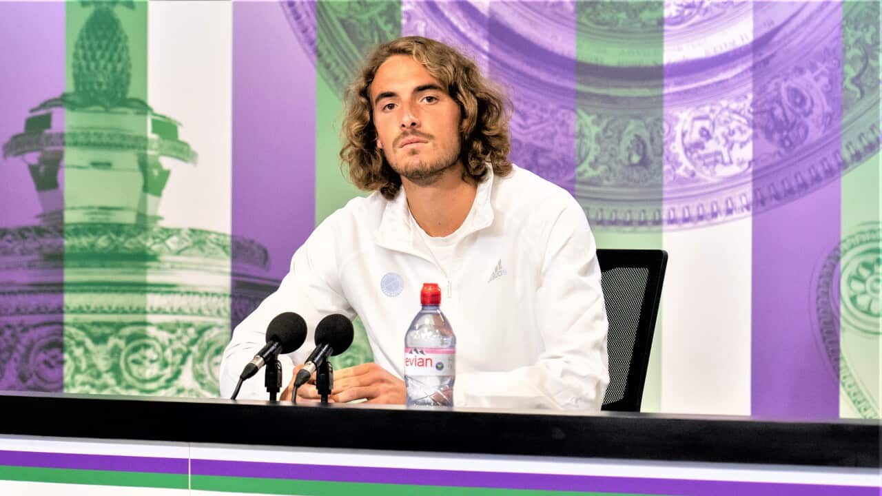 Stefanos Tsitsipas (GRE) attends a press conference in the Main Interview Room at The All England Lawn Tennis and Croquet Club.