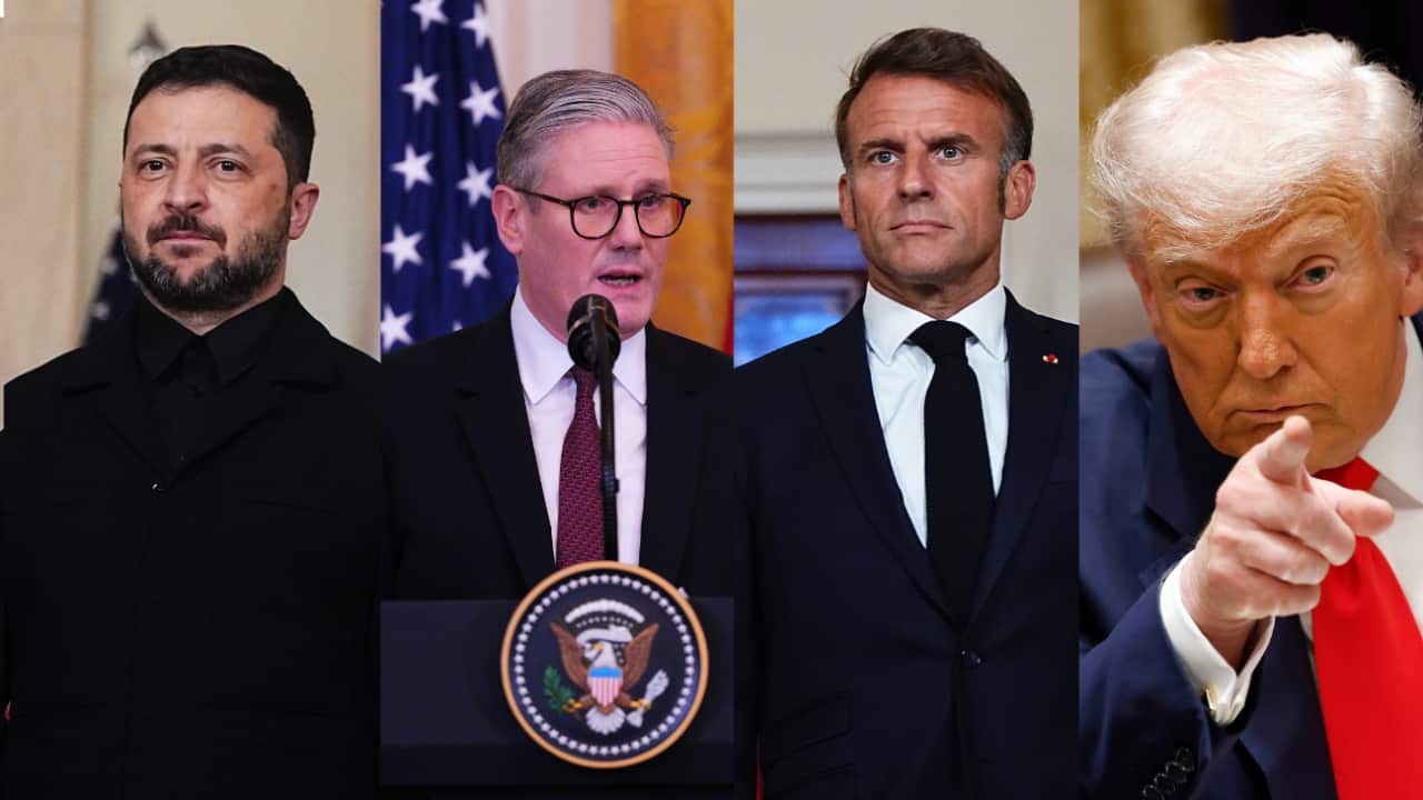 Composite image of Zelenskyy, Starmer, Macron and Trump