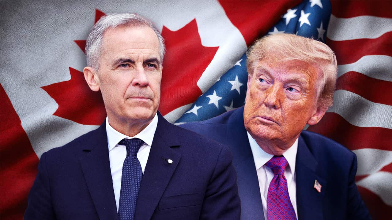 A composite of the leaders of Canada, the United States, and their respective flags