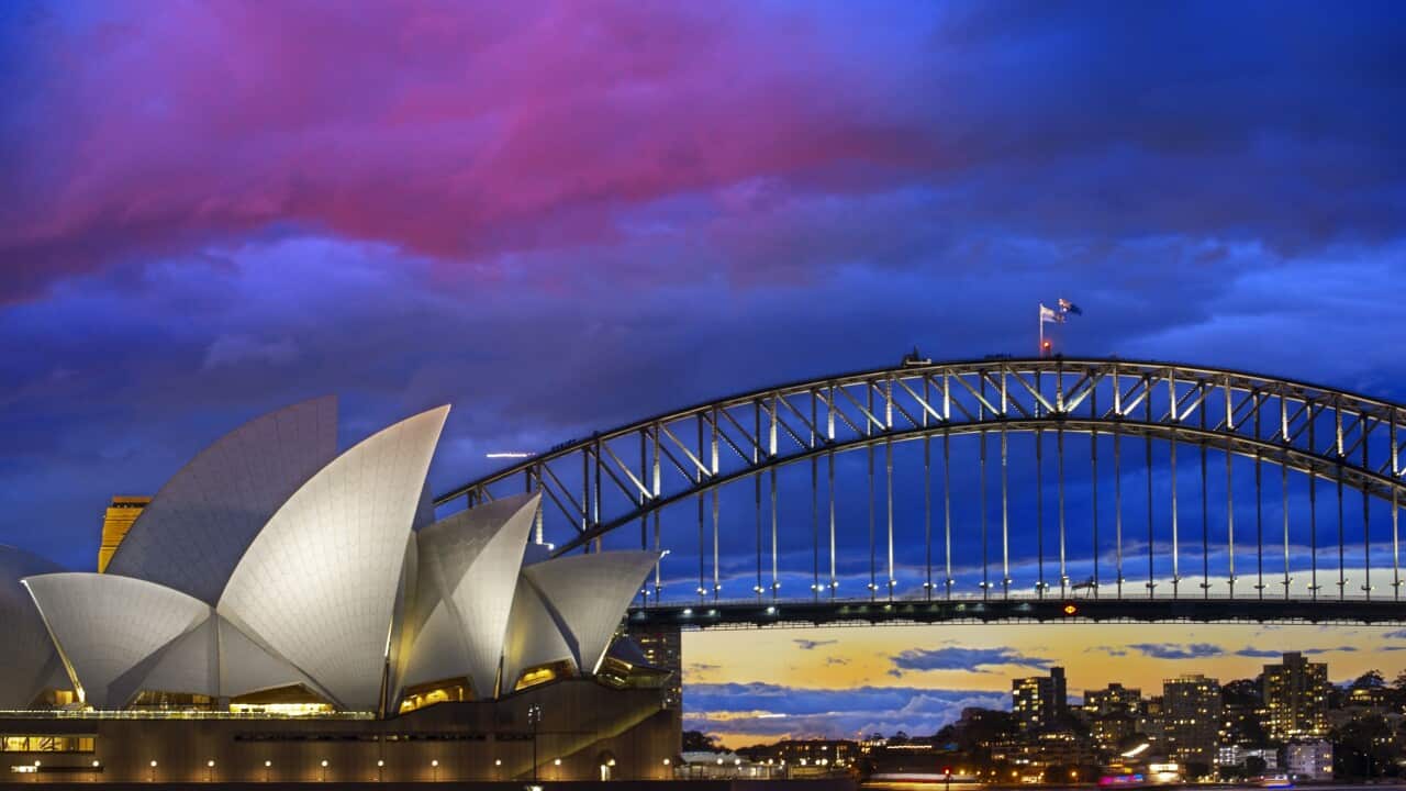 World famous Sydney Opera House and Harbour bridge at sunset. Sydney, New South Wales, Australia (Photo by Sergi Reboredo/Sipa USA)