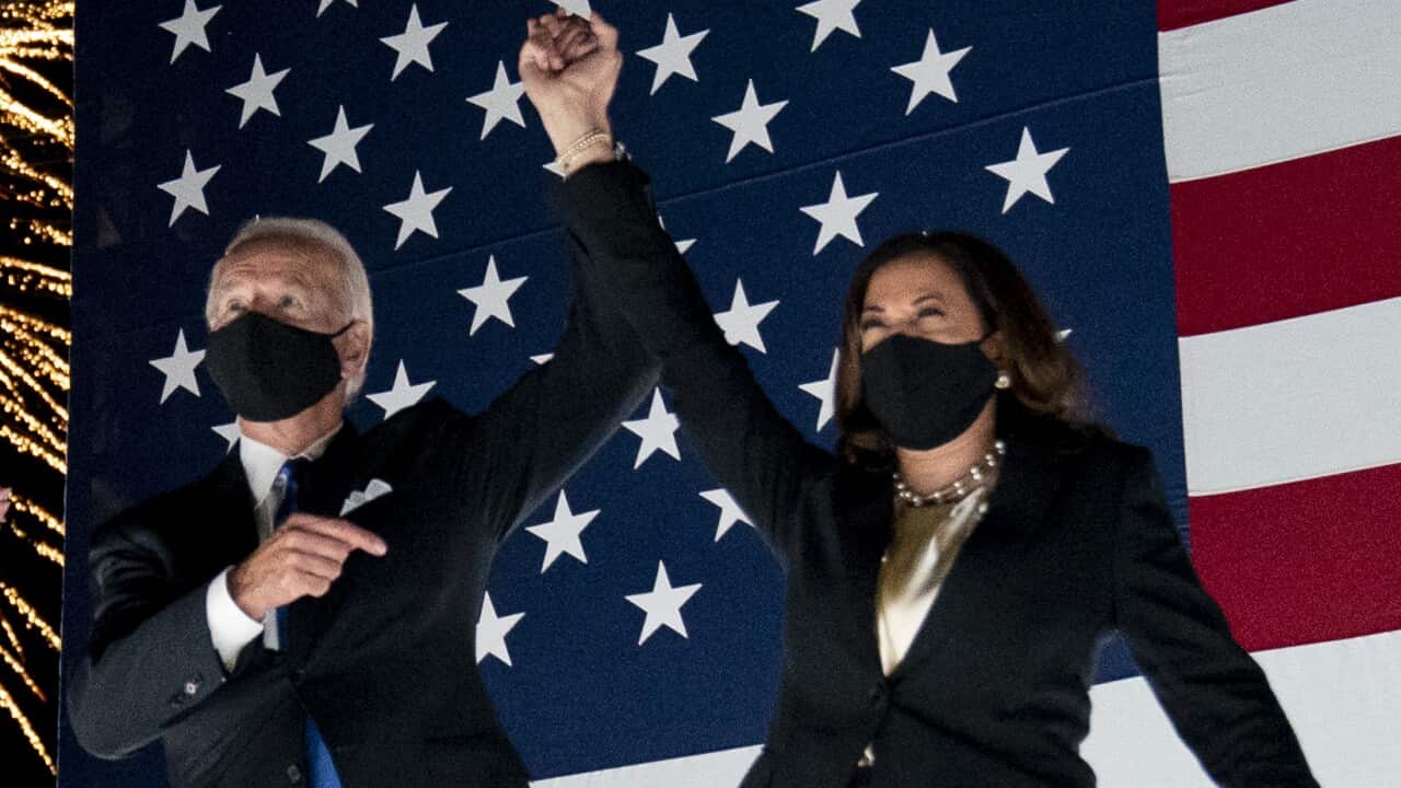 Democratic Presidential Candidate Joe Biden and running mate Kamala Harris, watch fireworks at the Democratic National Convention.