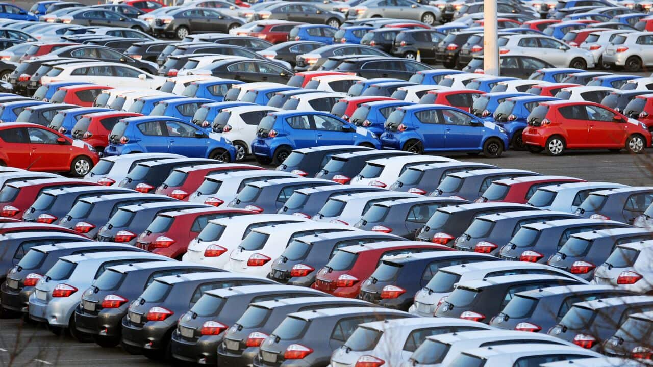 New cars are parked on the quayside at Grimsby Docks