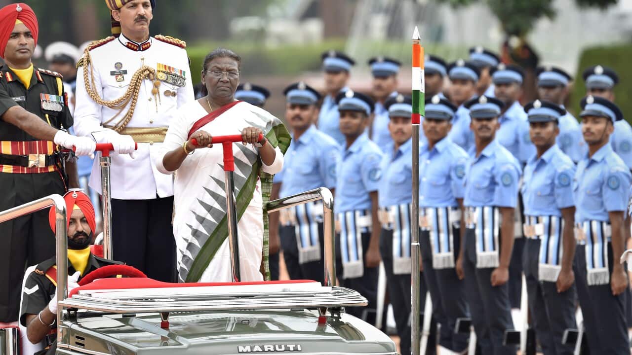 Indian President Droupadi Murmu inspects The Guard Of Honour at Presidential Palace, New Delhi.