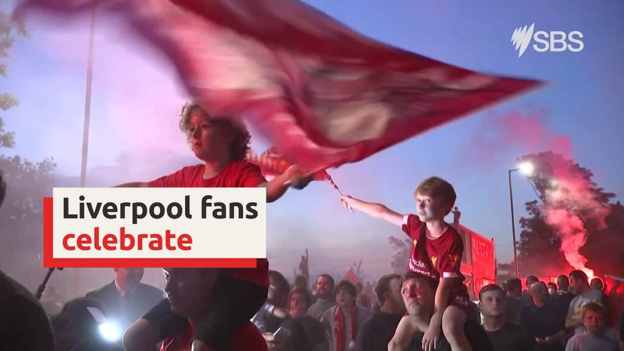 Liverpool fans celebrate first league title in 30 years outside Anfield