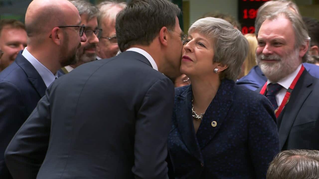 Dutch Prime Minister Mark Rutte greets Prime Minister Theresa May ahead of the European Leaders' summit in Brussels.