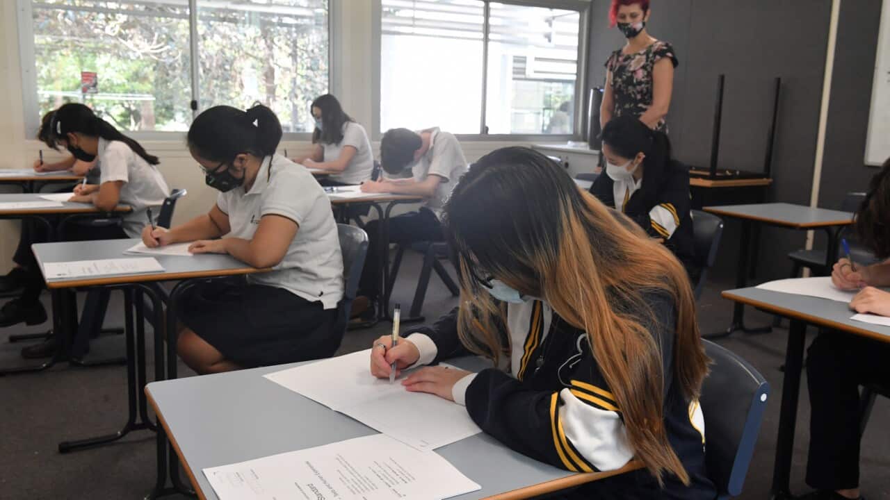 Year 12 students following their first HSC exam at Sydney Secondary College in Sydney, Tuesday, November 9, 2021.