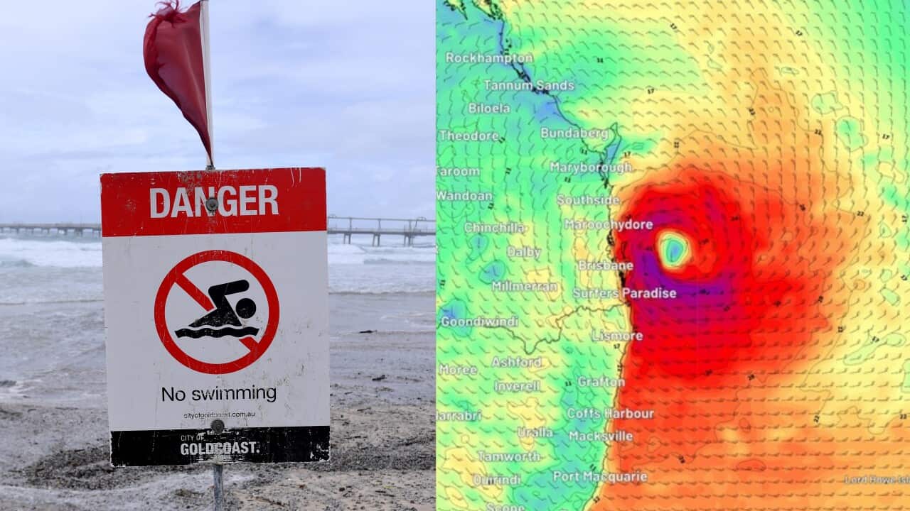 A composite image of a map and a sign on a beach