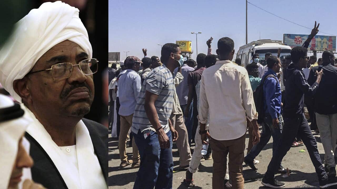 Sudanese protesters gather near the military headquarters in the capital Khartoum, Sudan.