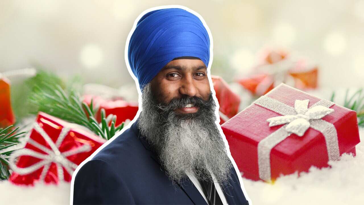 A photo of a smiling man wearing a turban superimposed in front of images of Christmas presents.