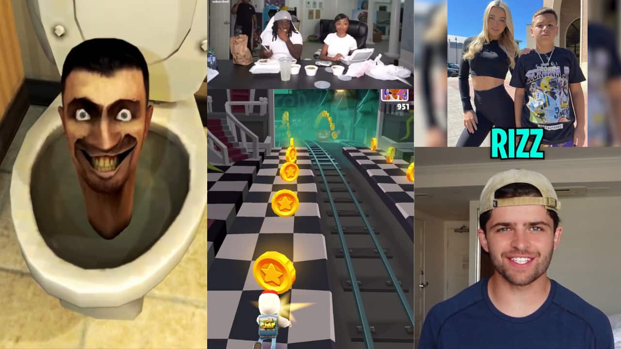 A split image of (left) a disembodied cartoon head rising out of a toilet bowl (middle) a video game and (right) a man wearing a cap backwards and above him a young woman and man standing outside.