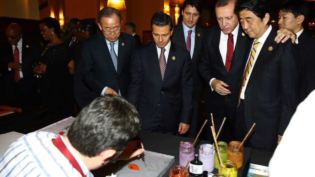 Japan's Prime Minister Shinzo Abe,Turkey's President Tayyip Erdogan, Canada's Prime Minister Justin Trudeau, Mexican President Enrique Pena Nieto and U.N. Secretary-General Ban Ki-Moon