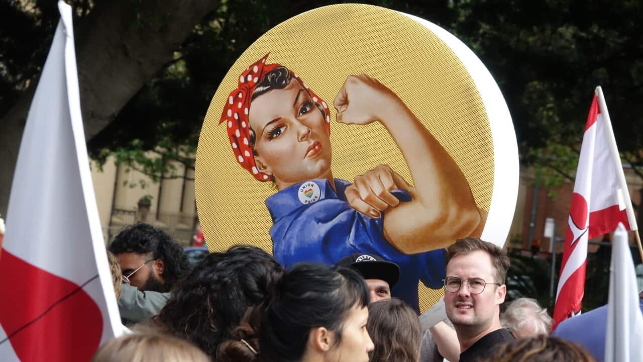 Hundreds of people take part in the Sydney International Women's Day March 'Stop the Silence! End the Violence!' in Sydney, Saturday, March 10, 2018. (AAP Image/Ben Rushton) NO ARCHIVING