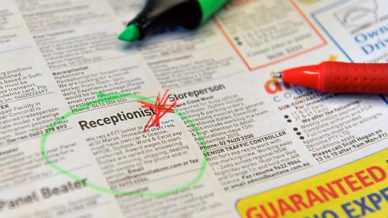 Employment advertising in a newspaper in Sydney. The number of jobs being advertised hit a 17-month high in August, suggesting the labour market is improving despite after a jump in the unemployment rate. (AAP Image/Joel Carrett) NO ARCHIVING