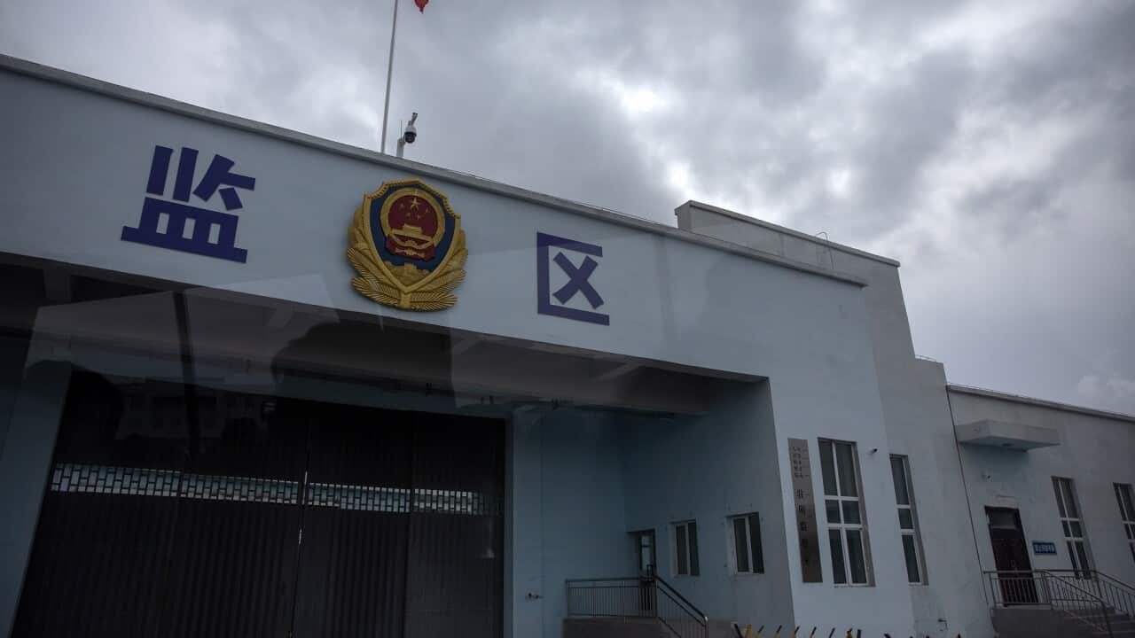 A vehicle entrance to the inmate detention area at a Uyghur Detention Centre in Xinjiang Province