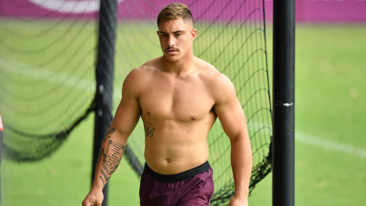 Kotoni Staggs is seen during Brisbane Broncos training at Clive Berghofer Field in Brisbane, Sunday, May 31, 2020. The Broncos will play the Roosters in their round 4 match at Suncorp Stadium on Thursday night. (AAP Image/Darren England) NO ARCHIVING
